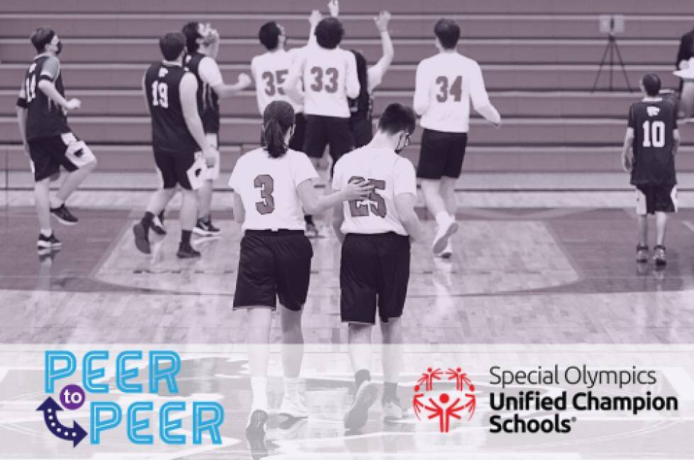 young adults playing basketball; P2P logo in the left corner; UCS logo in the right corner